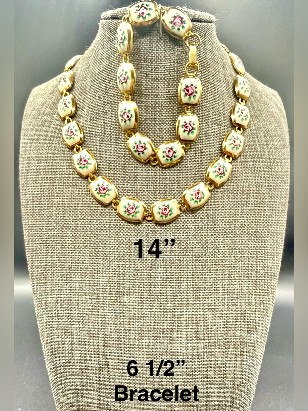 Art Deco vintage Gold-Tone White Enamel Rose Link Necklace and Bracelet Set